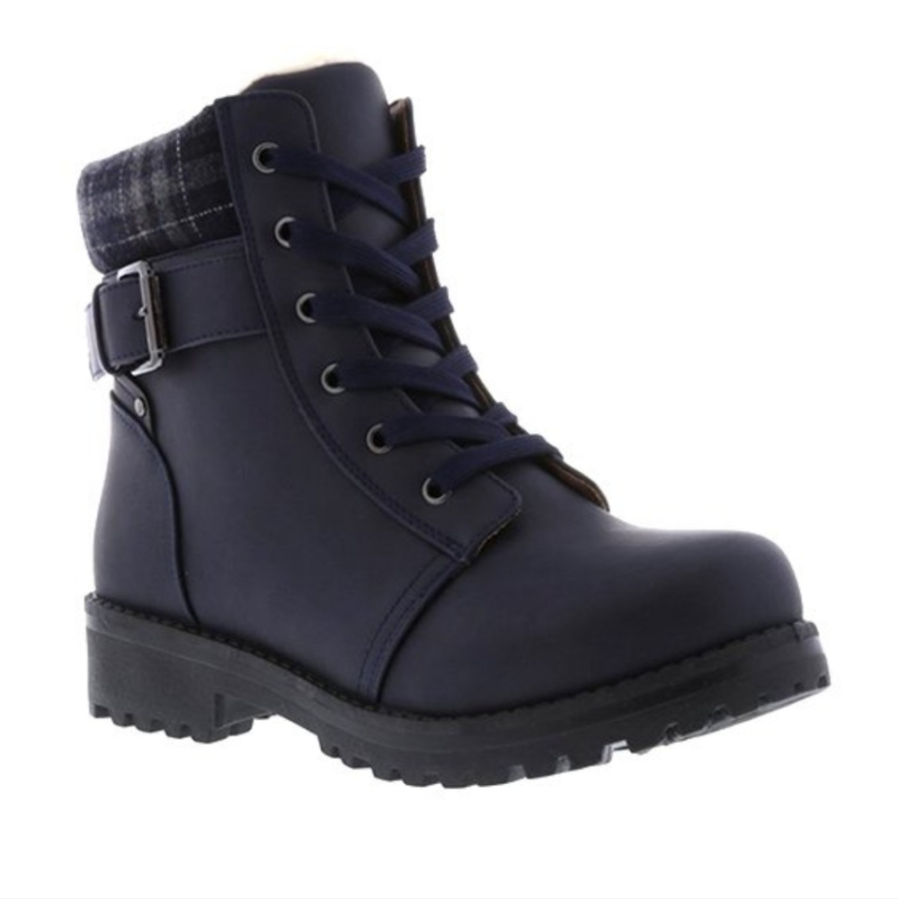 **ADORABLE NIB LAMO NAVY PLAID BUCKLE COMBAT BOOTS**